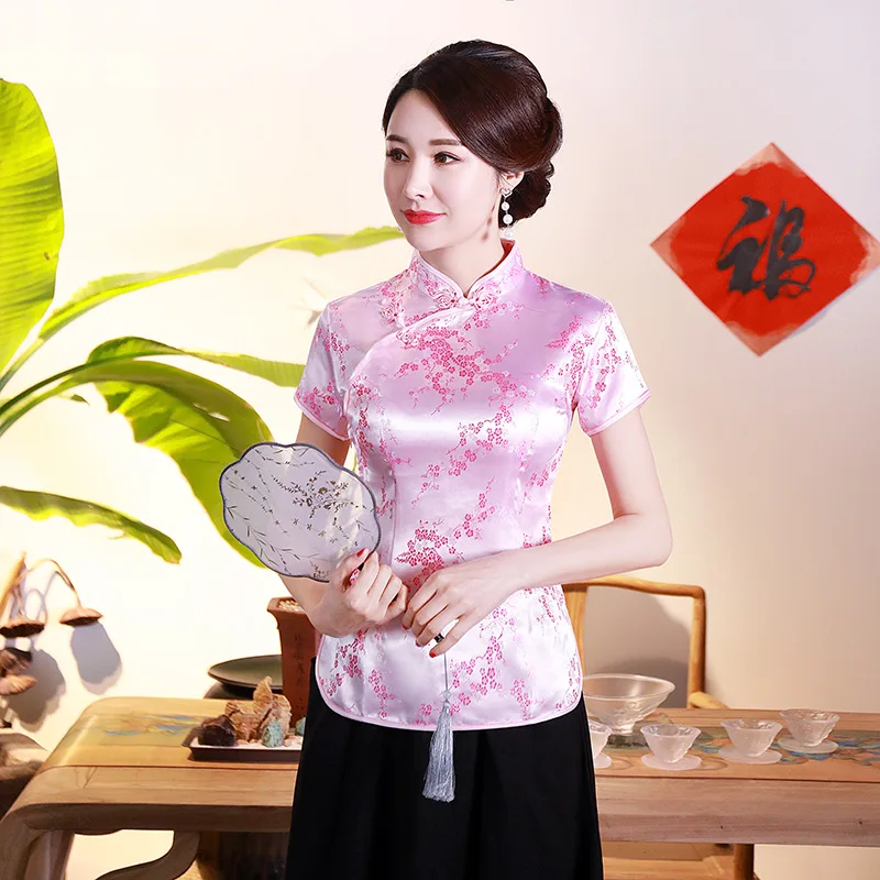 Китайский стиль, улучшенные Cheongsam топы, винтажный костюм Тан, национальная блузка с коротким рукавом, китайская одежда, женские топы Hanfu - Цвет: 1pcs tops