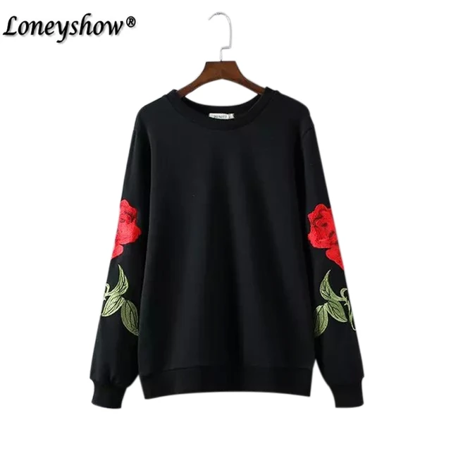 Black Rose Embroidery Round Neck Sweatshirt Autumn Long Sleeve Casual