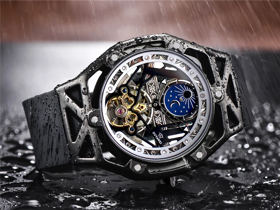 OUYAWEI Sun& Moon автоматические деловые мужские механические часы лучший бренд класса люкс Tourbillon часы с скелетом наручные часы Gif relogio