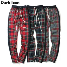 DARK ICON Side Single Stripe Patchwork Elastic Waist Plaid Pants Men High Street Leg Opening Zipper Men's Pants Full Length 2019