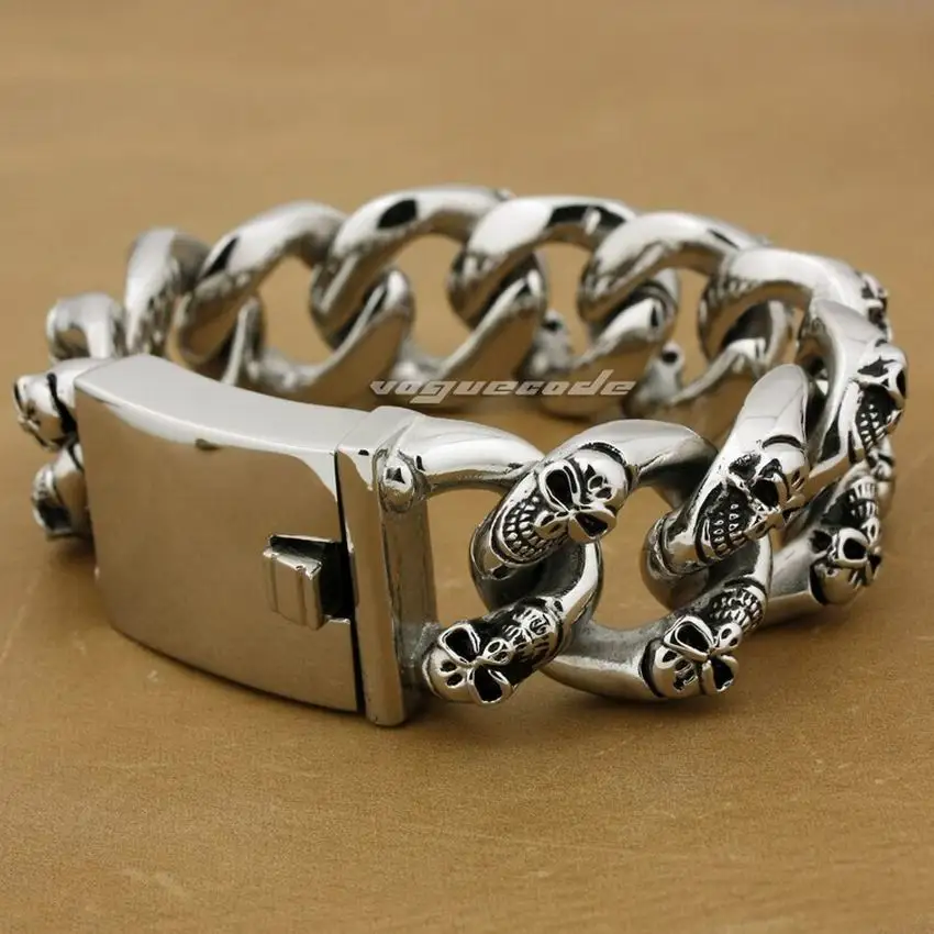 

LINSION Huge Heavy 316L Stainless Steel Skulls Bracelet Mens Biker Rocker Punk Link Chain 5F005 Free Shipping