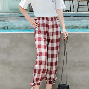 

Korean Version Women Mid Waist Plaid Print Harem Pasnts New Summer Thin Loose Elastic Waist Slim Trousers Clothes