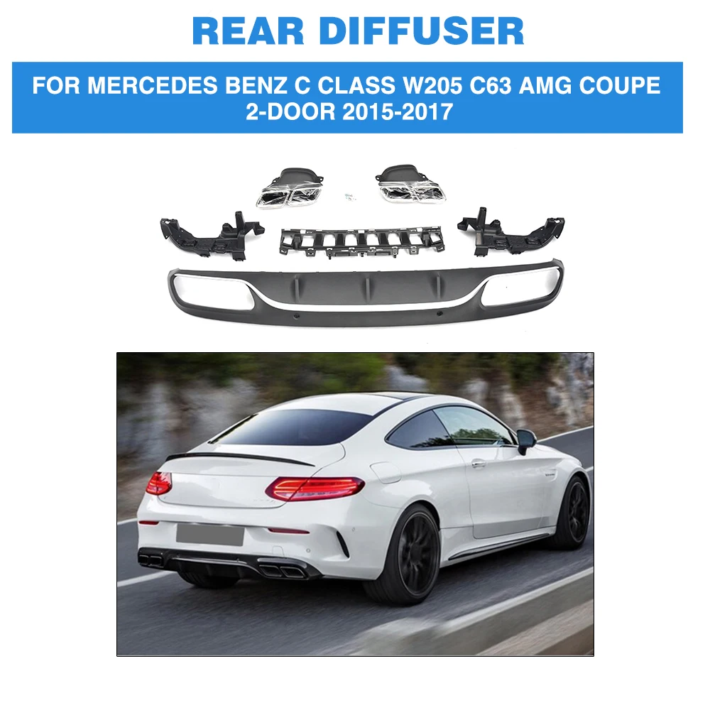 PP Rear Diffuser Lip Spoiler Bumper Guard With Exhaust Muffler For Mercedes Benz C Class W205 C63 AMG Coupe 2-Door 2015-2017