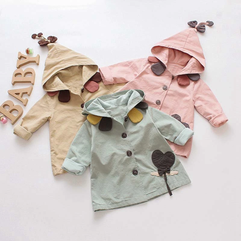 

New Spring Autumn Children Girls cartoon Cute Petal collar Flower patch Hooded Outerwear Cardigan Coat Jacket Trench Coat C464