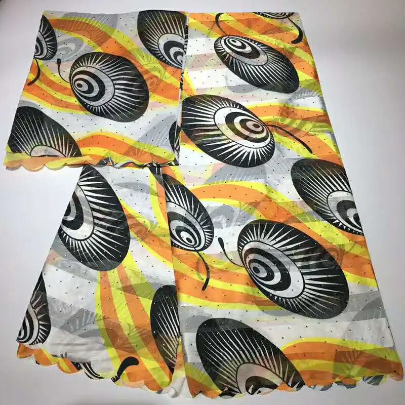

latest design light imitated silk fabric flowers printed with stones,soft rayon satin tissu africain with 2yard swiss lace scarf