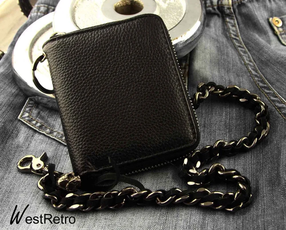 

Biker Motorcycle Zipper Genuine Leathe Wallet With Heavy Skull Jeans Chain LS3