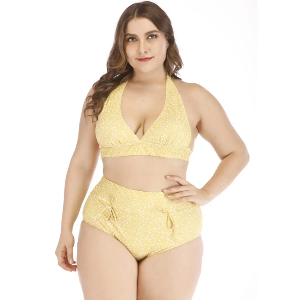 

Plus Size Swimsuit For Women's Adjustable High Waist Bikini Set Push Up Padded Bra Halter Neck Large Size Swimweaer Bathing Suit