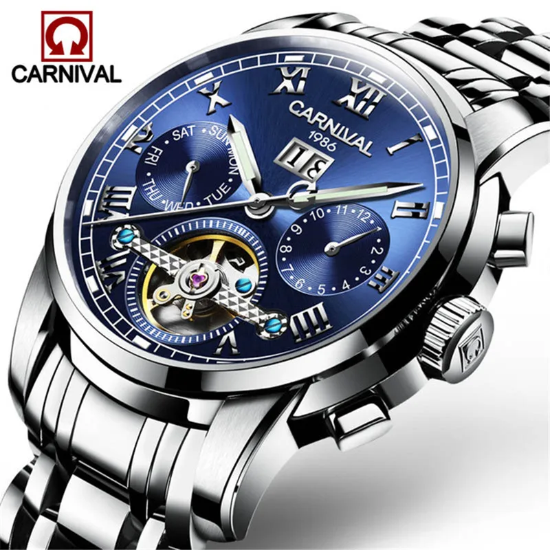 

CARNIVAL Luxury Men Tourbillon Automatic Mechanical Watches Steel Waterproof Multifunction Business Male Watches saat erkekler