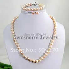 3 компл./лот пресноводный розовый жемчуг Ювелирный Набор 9-10 мм круглый жемчуг новая луна застежка горячая Распродажа FP287