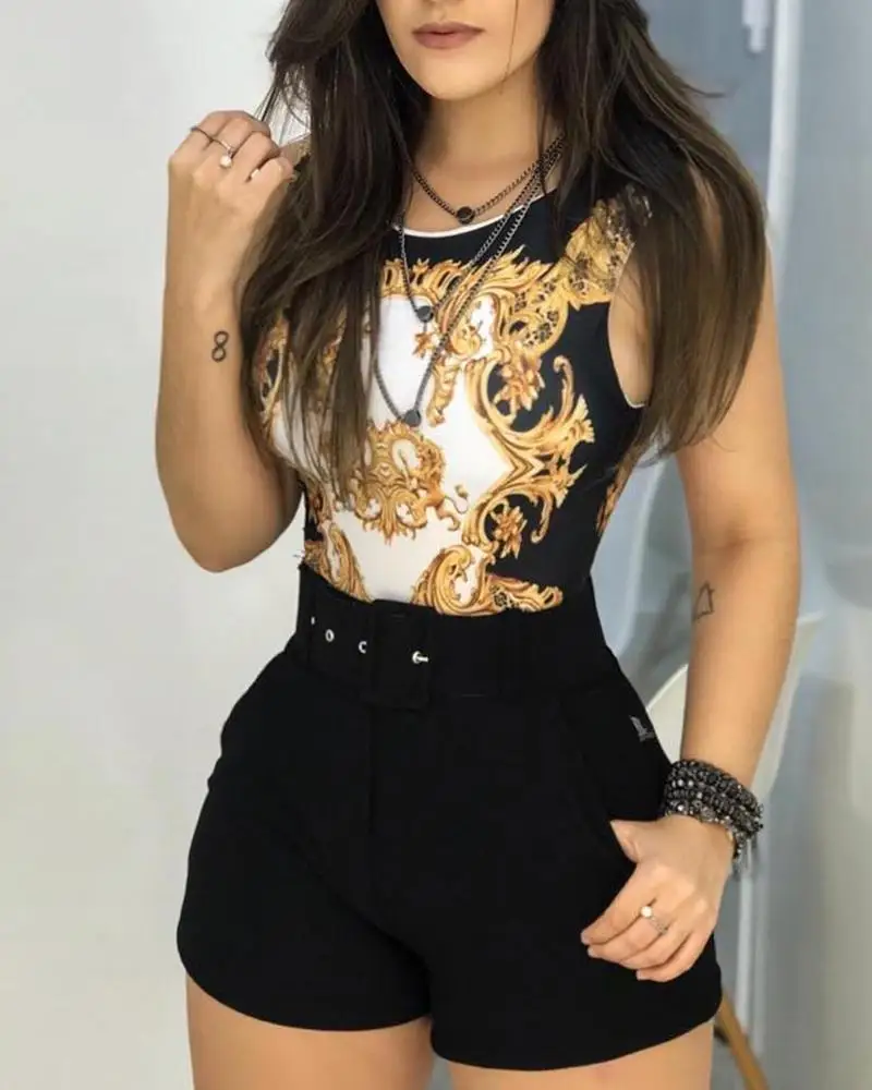 

Round Neck Baroque Print Sleeveless Tops Women O-neck Casual Summer T-shirts Streetwear