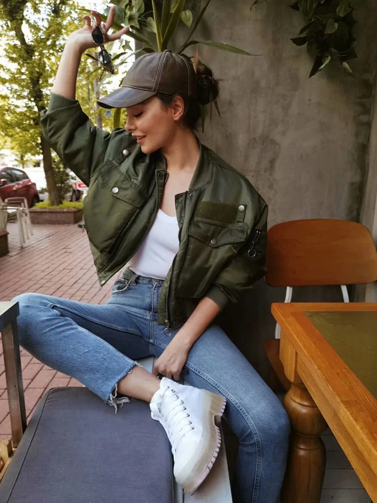 Fashion Za Vintage Women Chic Green Oversize Bomber Jacket Stylish Female Pockets Zippers Coat Casual Ladies Outerwear