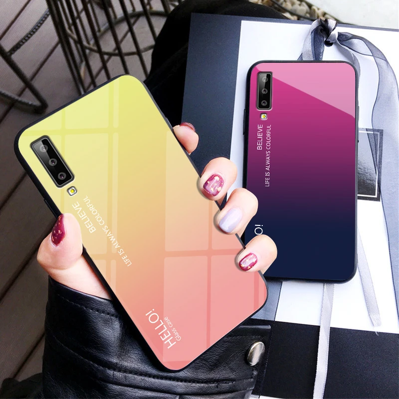 Чехол из закаленного стекла для Samsung Galaxy A7 2018 A750 с градиентным цветом жесткая