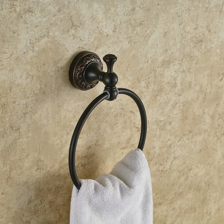 Твердое латунное кольцо для полотенца масло втирают бронзовый Держатель полотенец круглый цветок резные настенные аксессуары для ванной