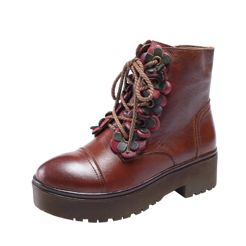 2018 Botas Lace Femeninos Up Brown Zapatos Mujer Martin Genuino E Cuero Grueso Invierno grey De Otoño Tacón Retro Botines vqwrgYHnv