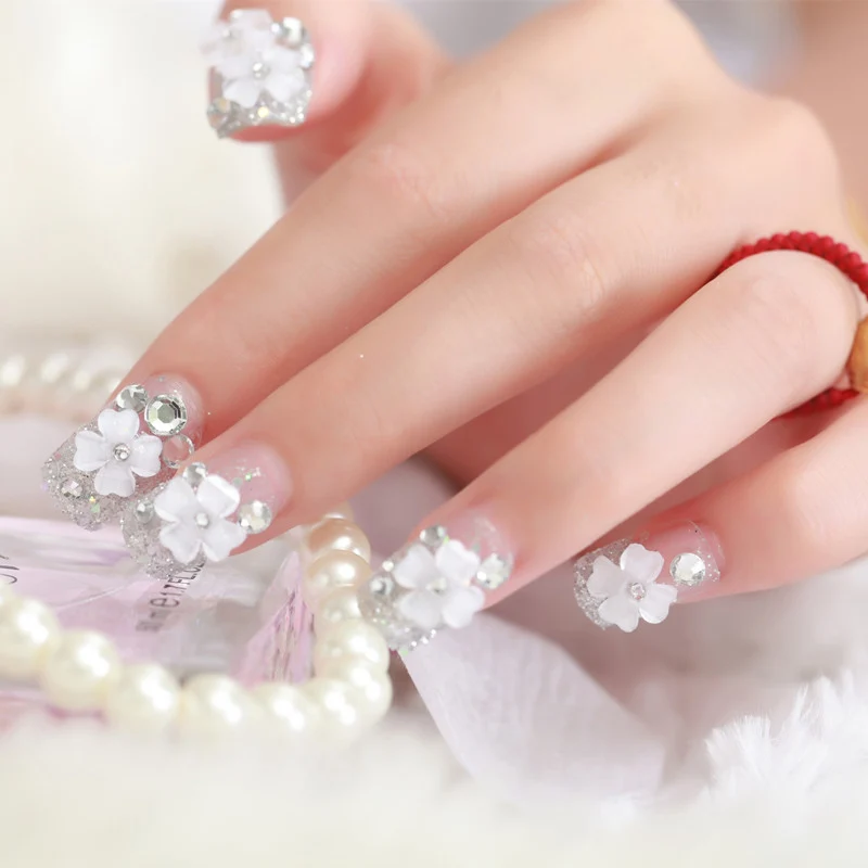 

24 Pcs/set Rhinestone False Nail Tips Sticker Bride Press On Fake Nail Manicure Flash Chip With Glue @ME88