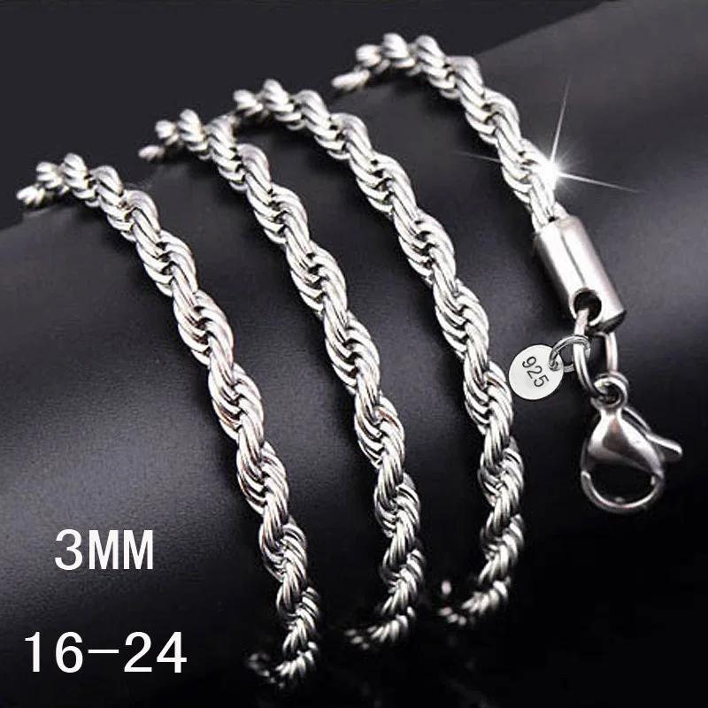 

1PC 3mm Width Pure 925 Sterling Silver Charm Rope Necklace Chains Jewelry With Good Quality Lobster Clasps Set 16-24Inches