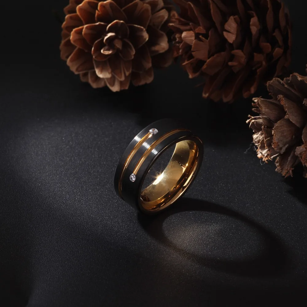 Online Anillo de carburo de tungsteno de Color dorado negro para hombres y mujeres anillo de boda aniversario incrustación brillante CZ joyas anillos de piedra