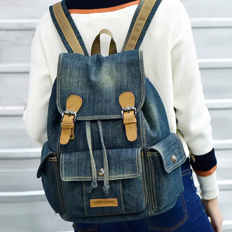 Korean student schoolbag male retro shoulder bag female leisure denim backpack in Backpacks