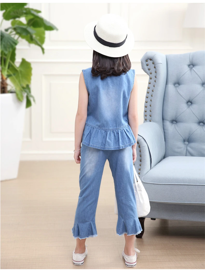 3-12 y summer girls clothes set denim outfits fashion sets for girl sleeveless embroidery top flared trousers children's sets (7)