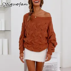 Miguofan женские вязаные пуловеры, свитер с одним плечом и рукавом-фонариком, Модный повседневный Однотонный женский свитер 2019, новинка зимы