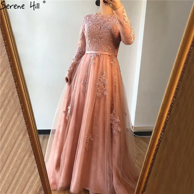

Muslim Pink Long Sleeves Evening Dresses Long Real Photo Lace A-Line Evening Gowns Serene Hill HA2105 Custom Made