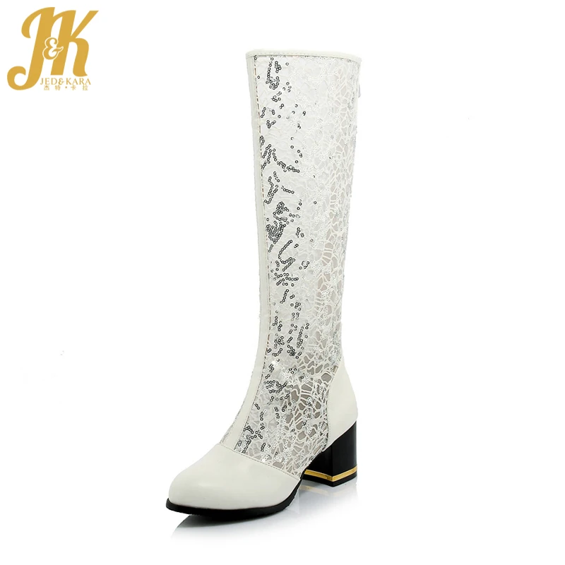 

JK 2018 New Thick High Heels Knee High Boots Women Autumn Boots Fashion Lace Female Shoes Pointed Toe Zipper Stitching Footwear