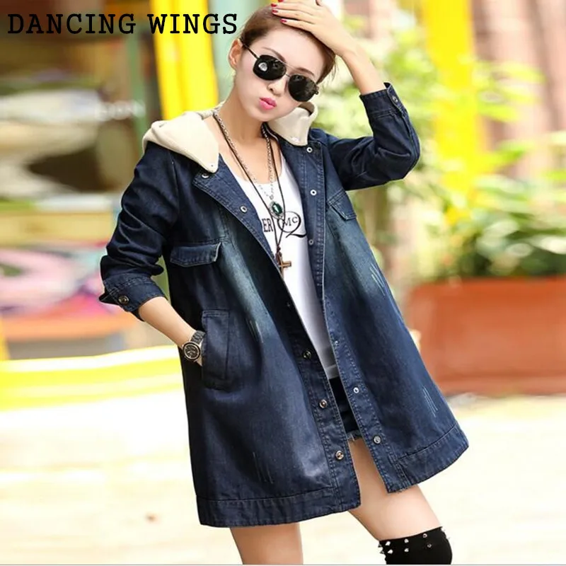 Femmes Capuche Coupe Veste Denim Bleu vent Manches À Taille Casual Manteau Grande Longues Printemps Automne Lâche Pqw7wRt
