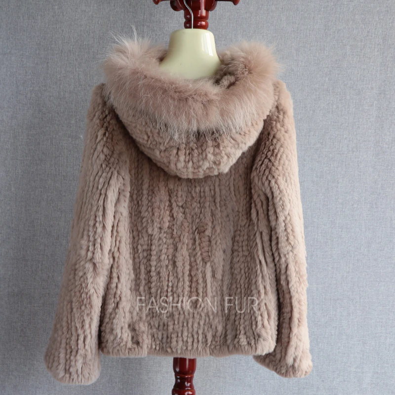 Новинка, Модный женский капюшон, настоящий мех кролика, вязаное пальто, куртка, кардиган, зимняя теплая верхняя одежда, YH212