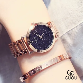 

GUOU Top Brand Rose gold Luxury Women Dress Watch Rhinestone Crystal Watches stainless steel Men Women Quartz WristWatch Relogio