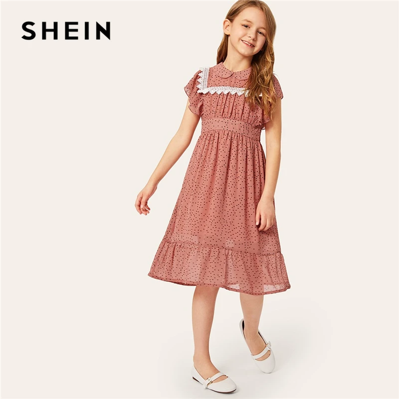 SHEIN/милое платье в горошек с контрастными кружевными манжетами для девочек г. Летнее милое ТРАПЕЦИЕВИДНОЕ расклешенное платье миди с рукавами «летучая мышь»
