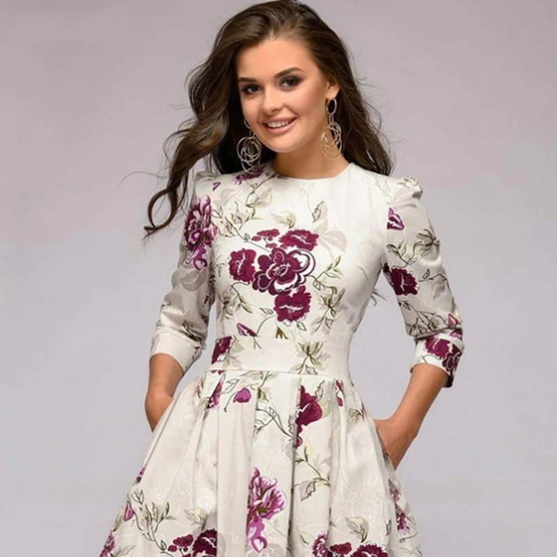 المرأة عارضة الطباعة ألف خط اللباس أنيقة سبعة الربع كم منتصف العجل Vestidos الإناث الربيع الخريف اللباس لا جيوب