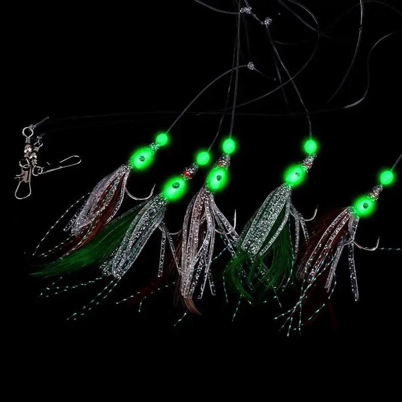 

5 In 1 Luminous Sabiki Soft Fishing Lures Hook Octopus Shaped Feather Fishing String Hook During Dark Night Fishing Tackle