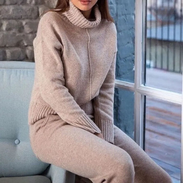 2018 Autumn Winter Warm Woolen and Cashmere Knitted Suits Loose Turtleneck Sweater + Wide Leg Cashmere Pants Two-piece Set Knit 2018 Autumn Winter Warm Woolen and Cashmere Knitted Suits Loose Turtleneck Sweater + Wide Leg Cashmere Pants Two-piece Set Knit
