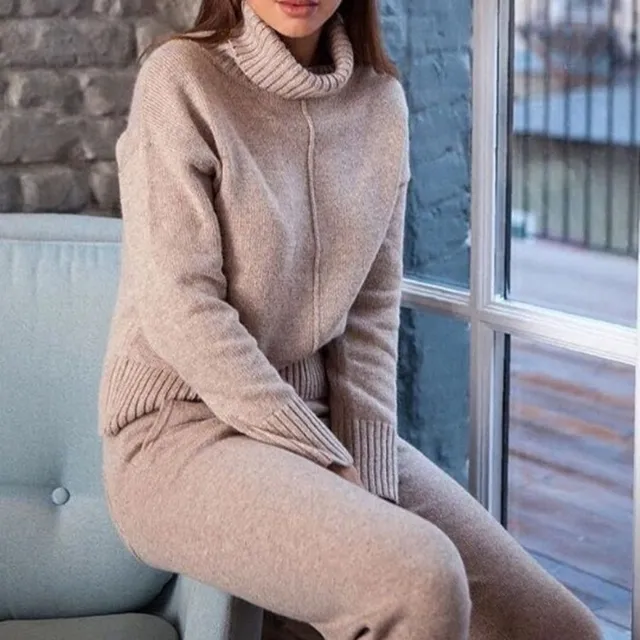 Cheap 2018 Autumn Winter Warm Woolen and Cashmere Knitted Suits Loose Turtleneck Sweater + Wide Leg Cashmere Pants Two-piece Set Knit Cheap 2018 Autumn Winter Warm Woolen and Cashmere Knitted Suits Loose Turtleneck Sweater + Wide Leg Cashmere Pants Two-piece Set Knit
