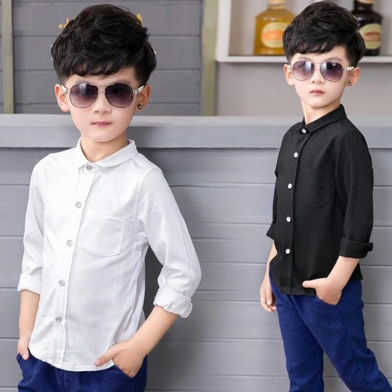 

Boy Party Clothes Children's Shirt Long Sleeve Lapel Collar Pure White Black Children's School Shirt Boy Top