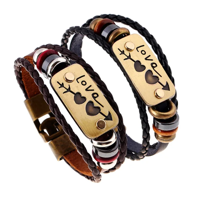 

20172 Pcs new lovers double Cute Charm Bracelet Leather Bracelet Fashion Jewelry cheap for men and women