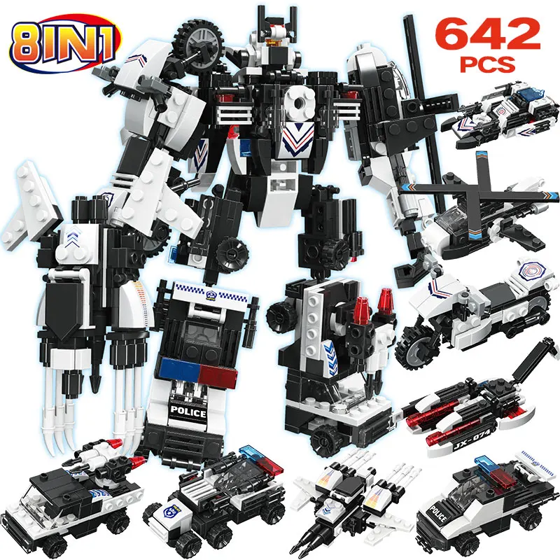

642pcs Military Robot Building Blocks Compatible SWAT City Mech Team Armored Ares Police 8 in 1 Bricks Educational Toys