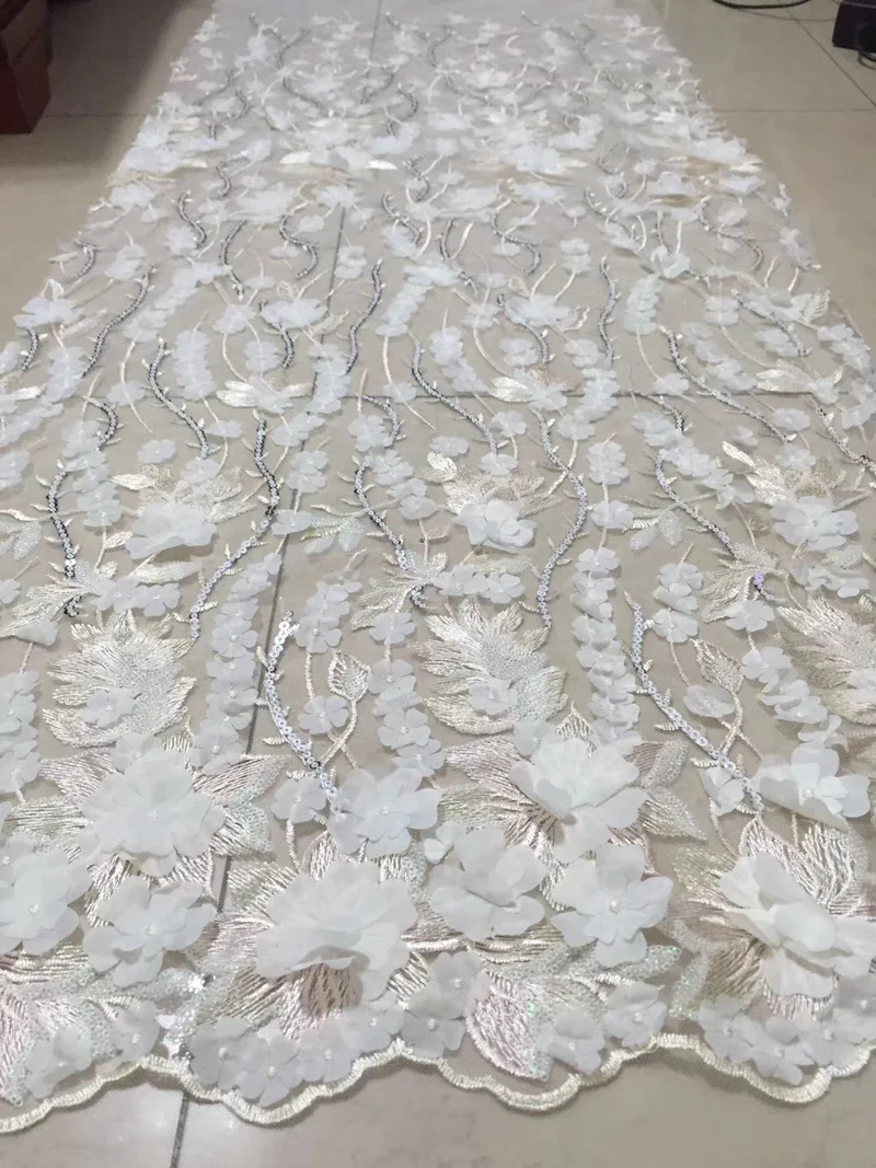 

(5yards/pc) High quality cream color African 3d flowers lace French net lace fabric with embroidery and sequins for dress FLC845