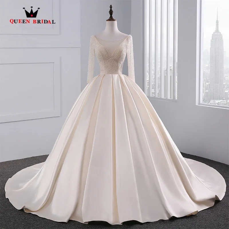 

Custom Made Ball Gown V-neck Long Sleeve Beads Sequins Luxury Elegant Wedding Dresses Real Photos Vestidos De Noiva EW23
