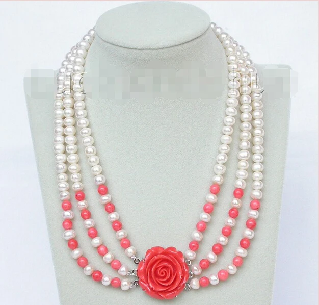 

Women Gift 7-8mm 3row round white freshwater pearls pink coral necklace Large beads 20inch longer