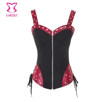 

Women Sexy Corsets Gothic Black&Red Leather Front Zipper Rivet Overbust Women Corset Top Vest Strap Rock Punk Steampunk Bustier