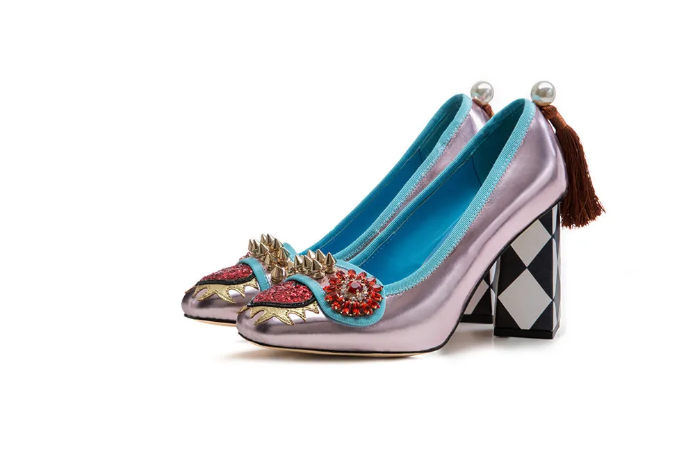 Prova Perfetto/ дизайн; Кристальные заклепки; женская обувь на высоком каблуке; женская обувь для торжественных случаев; обувь для выпускного; Свадебная обувь с квадратным носком и кисточками; женская обувь