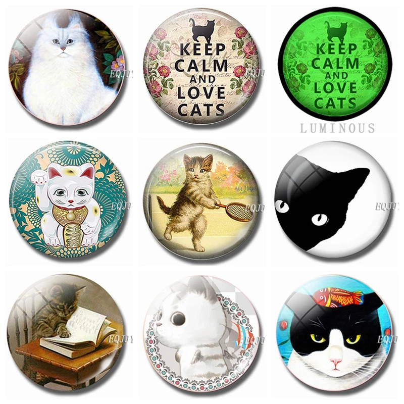 

30 MM Keep Clam and Love Cats Fridge Magnet Souvenir Cute Kitty Glass Decorative Refrigerator Removable Magnetic Stickers Decor