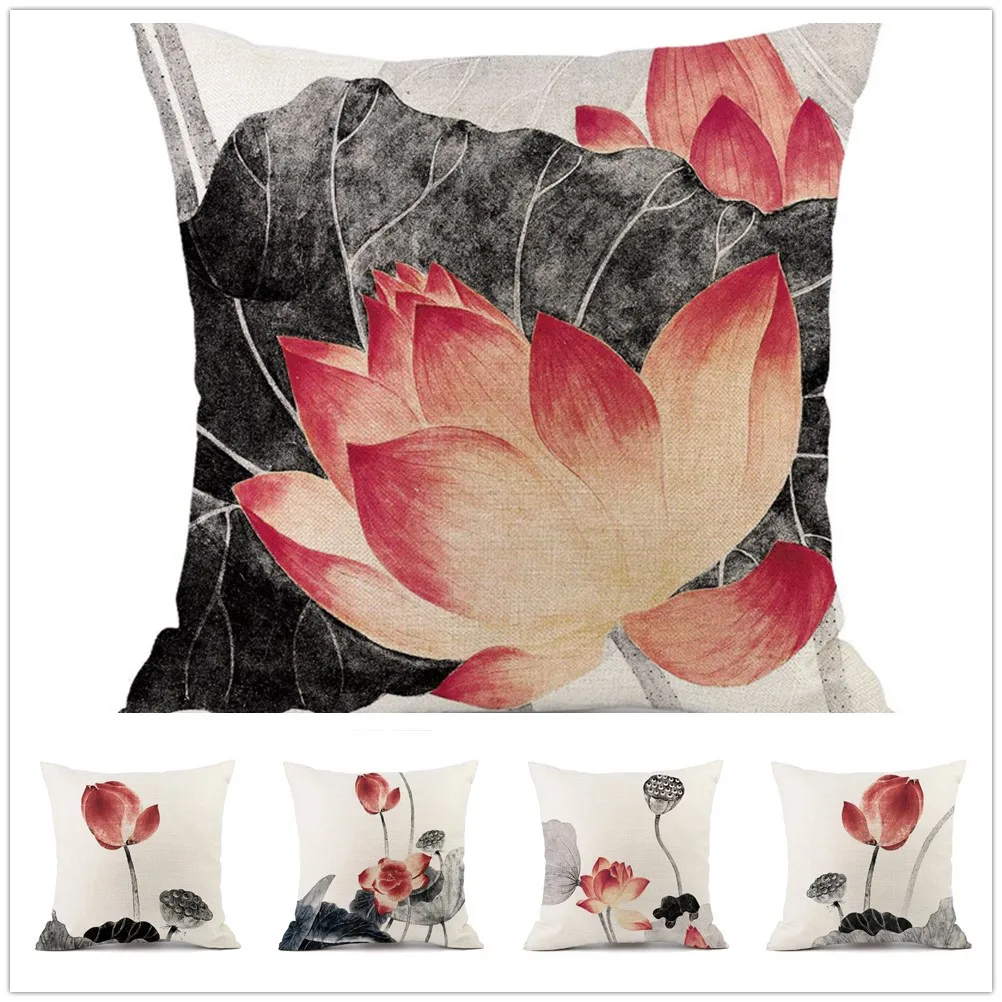 

Lotus Cushion Cover Chinese Ink Painting Linen Pillowcase Classical Style Retro Decorative Pillow Covers for Sofa Bedroom 45x45