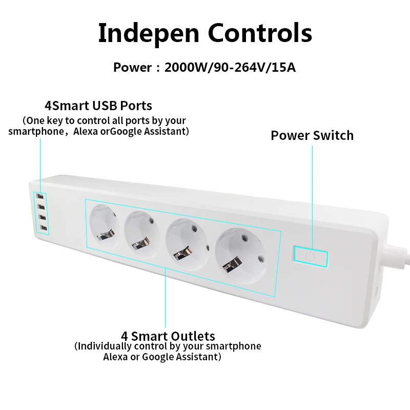 Wi-Fi USB силовая полоса Smart EU штекер переключатель перегрузки защита от перенапряжения 4 розетки 4 USB зарядное устройство Wi-Fi розетка для Alexa Google Home