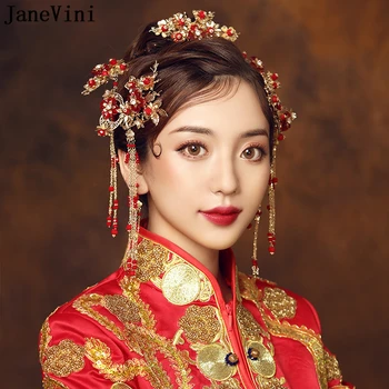 

JaneVini Traditional Chinese Bridal Headwear Red Beaded Long Hairpins with Earrings Ancient Wedding Crown Bride Hair Accessories