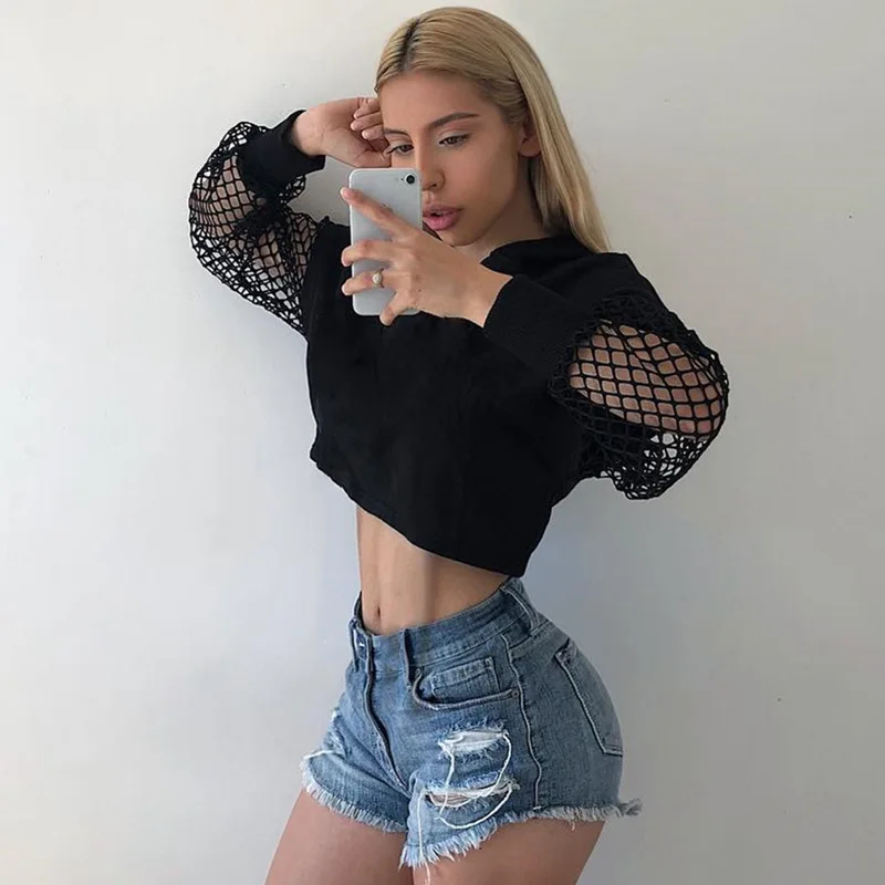 

Crop Hoodies Sweatshirt Streetwear Kpop Clothes Short Top Mesh Long Sleeves Black Womens Clothing Casual Gothic Pullovers