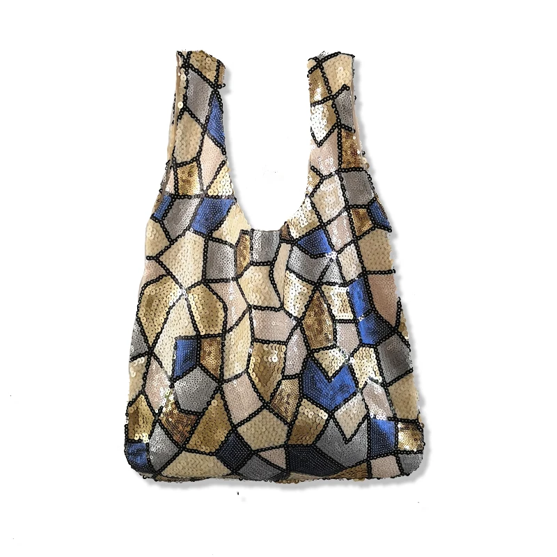 

2018 Fresh Colorful Sequins Splice Small Tote Bag Women Sequined Beads Vest Hands Bags Shopper Girls Vintage Shiny Party Handbag