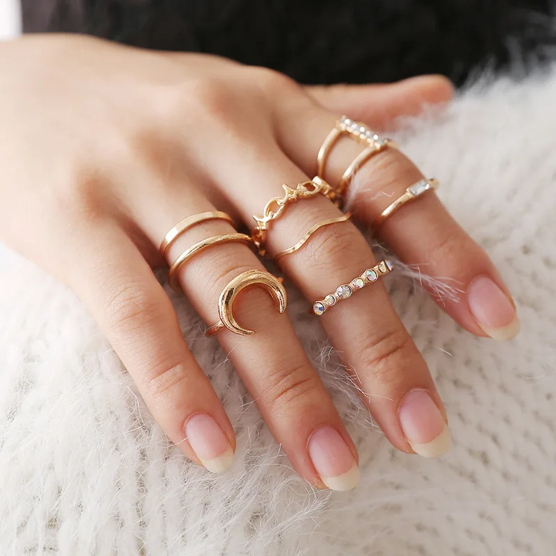 

Elegant Moon Star Rings Set Gold-color Crystal for Women Rings Jewelry
