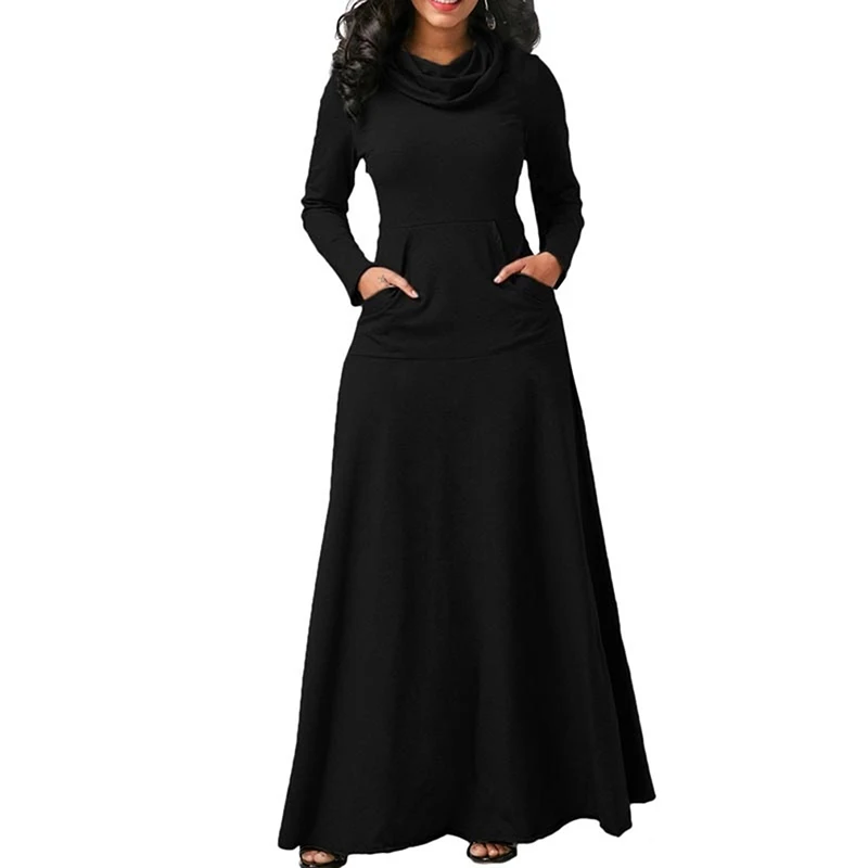 Теплое длинное платье макси с высоким воротником, женское платье с длинным рукавом Осень-зима, женская одежда с карманами, модное вечернее платье, платья - Цвет: black